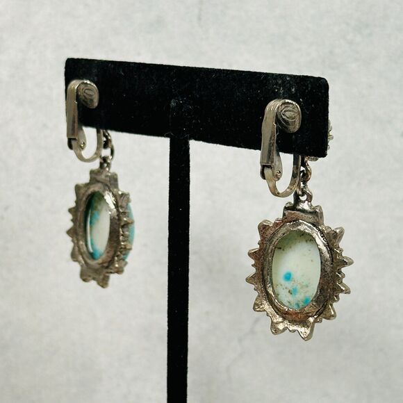 Womens Earrings Blue Stone Cabochon Silver Tone 1.75" Western Clip On Jewelry - Picture 7 of 11